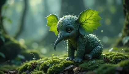 Fototapeta premium Little baby elephant with leaf ears, soft green glow particles