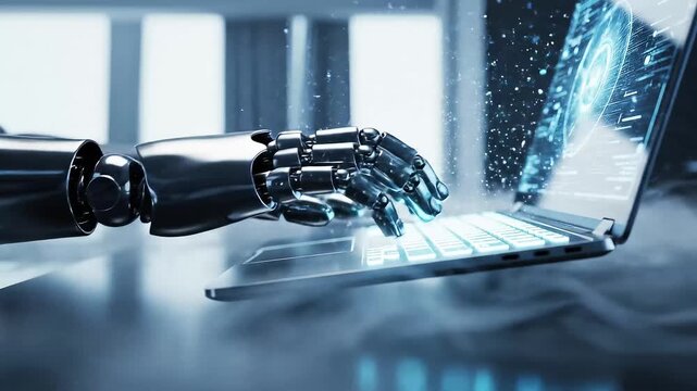 Humanoid robotic hands typing slowly on floating laptop, pearl-white titanium fingers