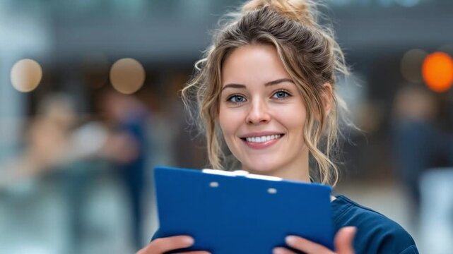 Close-up shot of a bright and cheerful professional, clutching a clipboard, radiates competence and approachability.