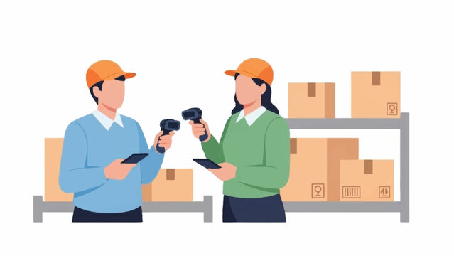 Two logistics workers in a warehouse scanning cardboard boxes with handheld barcode readers and digital tablets for inventory management.