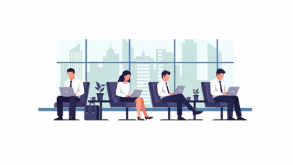 Obraz premium Business professionals working on laptops in a modern office lounge with a city skyline view.