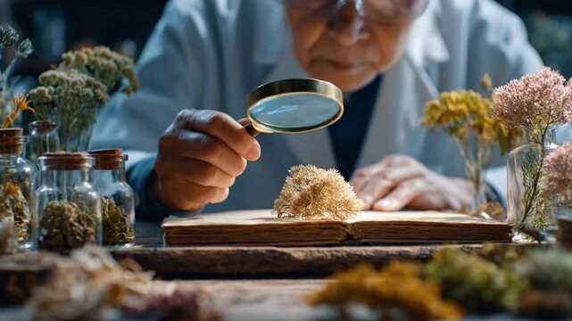 A keen observer delves into the botanical realm, meticulously examining a specimen with a magnifying glass, surrounded by a captivating array of dried plants and ancient books.
