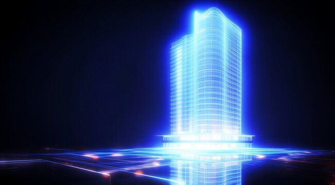 Futuristic glowing skyscraper with blue light beams illuminating a digital cityscape at night
