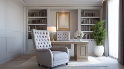 Fototapeta premium Elegant home office interior with plush armchair, wooden desk, bookshelves, decorative plant, and soft lighting creating a serene workspace atmosphere