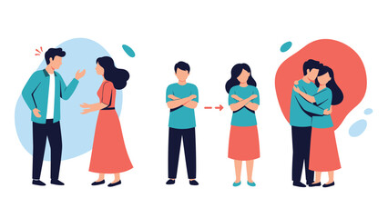 Fototapeta premium Phases of relationship communication showing conflict, distance, and eventual reconciliation through a warm hug between a couple.