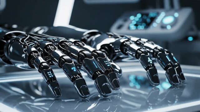 Robotic hands motionless as neural lights slowly dim and stabilize