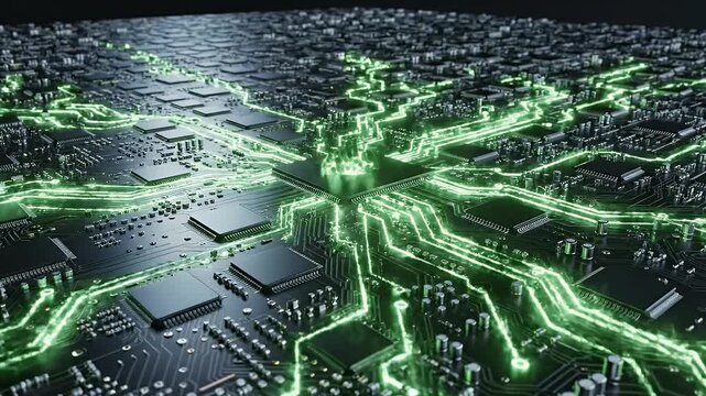 Close-up of a futuristic circuit board with glowing green data pathways
