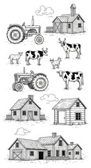 Obraz premium Hand drawn vector sketch of an old farm house building featuring a rustic cottage architecture design with a detailed roof and window set for real estate construction and art icon symbols