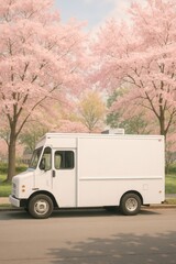 Obraz premium Food truck under cherry blossoms.