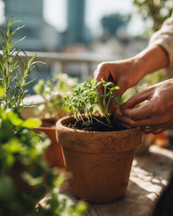 Obraz premium close up of hands planting fresh green herbs in terracotta pot on balcony