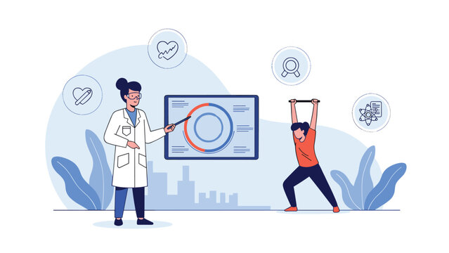 Medical professional in a lab coat explaining health data and fitness progress on a digital screen to a person exercising in a gym.