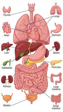 Comprehensive labeled human internal organs diagram, full body view
