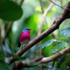 Colorful exotic bird perched on branch in lush greenery