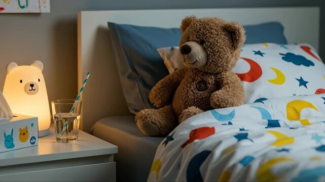 Cozy nighttime scene with teddy bear, nightlight, and bedside table in children's room