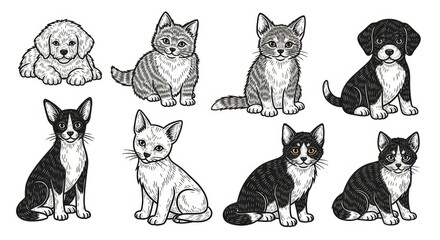 Fototapeta premium A diverse collection of cute pet animals and dog breeds including a chihuahua, puppy, and kitten sitting isolated on white in a professional studio group set