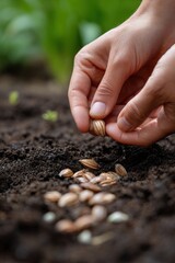 Hands planting seeds in soil: gardening concept with close-up detail