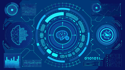 Fototapeta premium Futuristic interface displaying data visualizations and a brain scan illustration