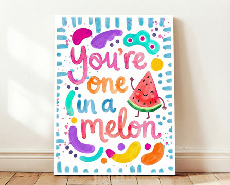 You&rsquo;re One in a Melon Watermelon Quote Framed Print Mockup, Cute Wall Art