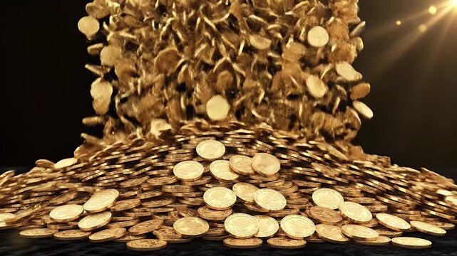 A cascade of golden coins tumbles onto a large, ever-growing pile