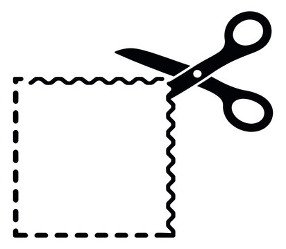 Simple line art illustration of scissors depicting cutting a dotted coupon border for discount promotion