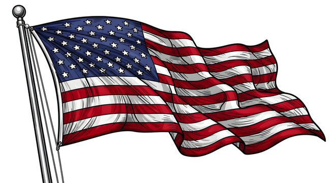 American flag waving in the wind on a flagpole isolated on transparent background