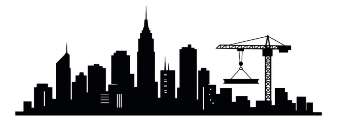 Naklejka premium Silhouette illustration of a city skyline with a construction crane depicting urban development for business projects