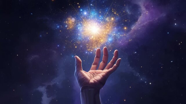 A hand reaches toward a radiant explosion of light within a cosmic nebula