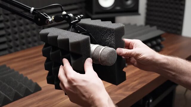 Hands adjusting foam baffle around microphone on stand in studio