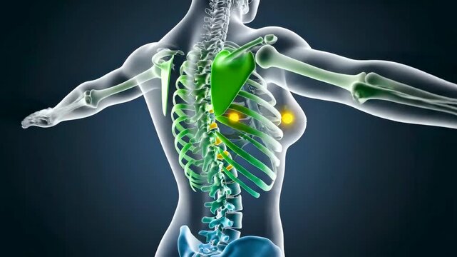 Slouched Human Spine Correcting Into Healthy Alignment With Reduced Stress Indicators and Improved Posture in Medical Visualization