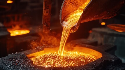 A close-up of molten metal being poured into molds in a foundry showing the formation of industrial alloy