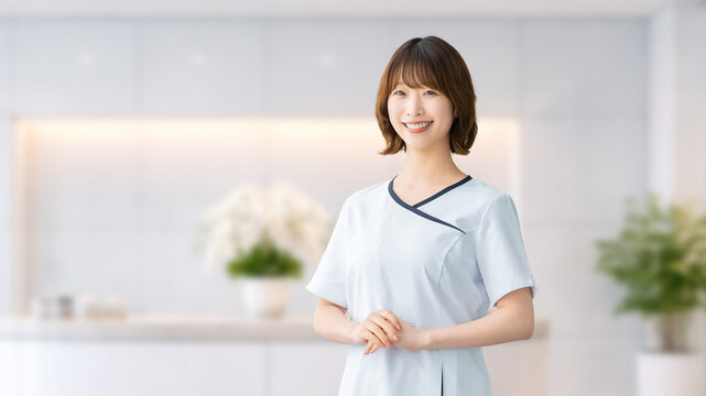 笑顔で立つ美容サロンスタッフ,清潔感のある女性カウンセラー, Smiling Beauty Salon Staff Clean and Professional Female Consultant