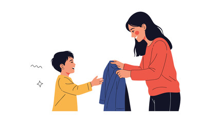 Fototapeta premium Caring mother helps her young son get ready to go outside by handing him his blue jacket during a cold day indoors.