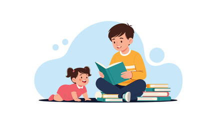 Older brother sits on the floor and reads a story from a book to his baby sister who is crawling happily towards him.