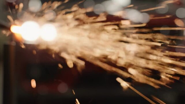 Closeup Industrial Metal Grinding Sparks In Workshop.
