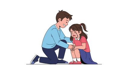 Fototapeta premium Caring boy kneels on the floor to comfort a crying and upset young girl showing empathy and kindness to his friend.