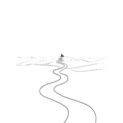 Naklejka premium A winding road leads to a distant peak in a minimalist landscape illustration, black and white line art