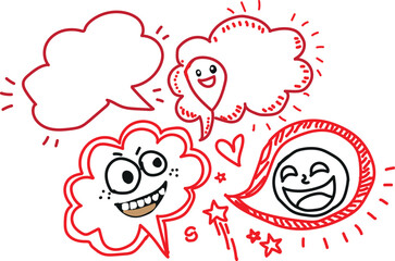 Cartoon drawing depicts several whimsical speech bubbles filled with expressive, happy faces, one with a wide joyful smile and another showing pure delight, surrounded by sparkling stars and hearts, p