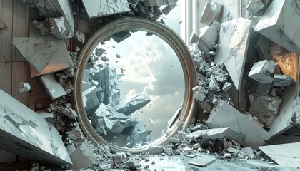 Circular mirror breaks through shattered wall, revealing a cloudy sky