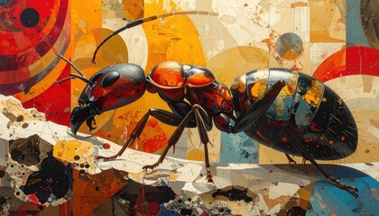 A large, detailed ant climbs a fragmented surface, abstract background