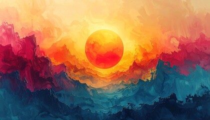 Abstract landscape depicts a radiant sun enveloped in colorful layers