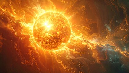 Fiery orb, radiating light and heat amidst swirling celestial clouds