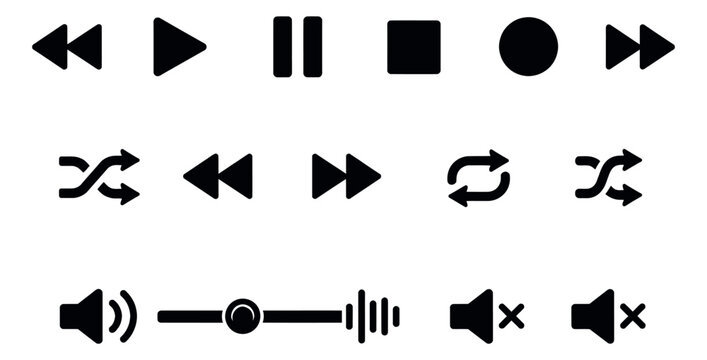 Simple glyph icon set featuring essential media player and audio controls for digital applications