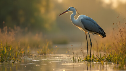 Fototapeta premium Elegant crane in marsh. Stunning wildlife photography. Serene nature scene with birds. Ultra realistic outdoor imagery.