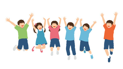 Obraz premium Group of six energetic children jumping in the air with arms raised against a white background to express pure happiness.