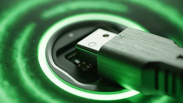 Closeup USB Plug Connecting To Port With Green Light Rings.