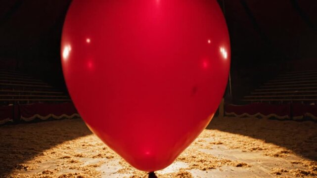 A single red balloon floats in the center of a dimly lit circus ring, illuminated by a focused spotlight
