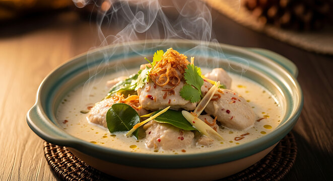 Delicious Thai Fish Curry Recipe, Cooking Showcase, Home Kitchen, Food Photography, Warm Atmosphere, Close-Up View, Culinary Delight