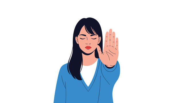 Serious woman with long dark hair holds up her hand in a firm stop gesture with her eyes closed in a calm manner.