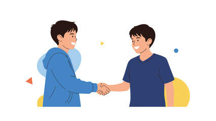Fototapeta premium Two teenage boys shaking hands as a sign of friendship, agreement, or greeting in a casual and friendly outdoor setting.