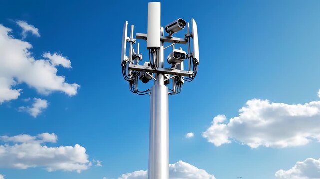 Old Wooden Utility Pole Transforming Into Steel 5G Communication Tower With Hidden Cables Smart Antennas and Clean Blue Sky